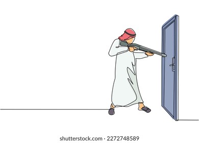 Single one line drawing Arabic businessman pointing shotgun at doorknob. Business breakthrough struggle. The power to succeed. Open closed door. Continuous line draw design graphic vector illustration