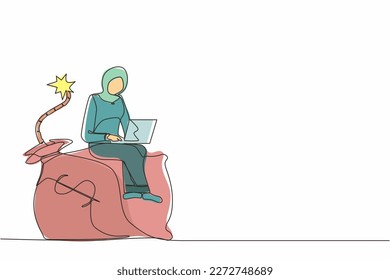 Single one line drawing Arabic businesswoman sitting on huge bomb with burning fuse and money bag. Financial problems, taxation burden or business debt, deadline. Continuous line design graphic vector