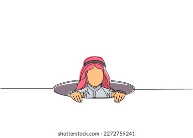 Single one line drawing Arabic businessman emerges from hole. Concept of failure to take advantage of business opportunities. Depressed and business failure. Continuous line draw design graphic vector