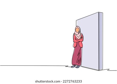 Single one line drawing Arabic businesswoman standing and lean against wall, thinking something about new business company. Full length or body. Continuous line draw design graphic vector illustration