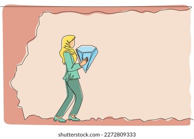 Single one line drawing Arabic businesswoman bearing big diamond from underground. Treasure digging with someone carry diamond. Success, achievement. Continuous line design graphic vector illustration