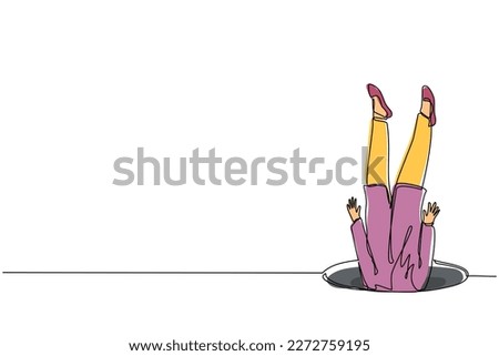 Single one line drawing Arabic businesswoman falling into pit hole. Legs up. Logo protruding legs from the hatch, puddles. Metaphor. Failure. Defeat. Continuous line design graphic vector illustration