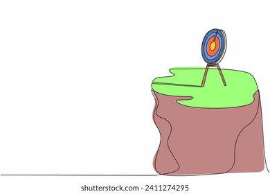 Single one line drawing archery target without arrows on cliff. Dartboard on tripod. Goal achieving concept. Business success strategy symbol. Continuous line draw graphic design vector illustration