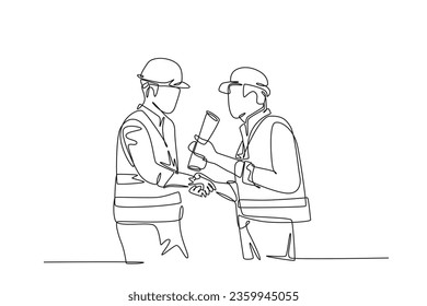 Single one line drawing architect holding on roll paper, builder foreman wearing construction vest and helmet handshake to deal project. Great teamwork. Continuous line draw design vector illustration