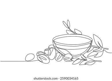 Single one line drawing argania seeds scattered around as well as bowls filled with argania oil. Argan oil with many benefit. International Day of Argania. Continuous line design graphic illustration