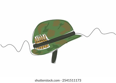 Uma única linha desenhando um capacete do exército com projétil de bala anexado ao capacete. Esteja preparado. O campo de batalha pode acontecer de repente. Dia dos Veteranos da Guerra do Vietnã. Ilustração gráfica de design de linha contínua