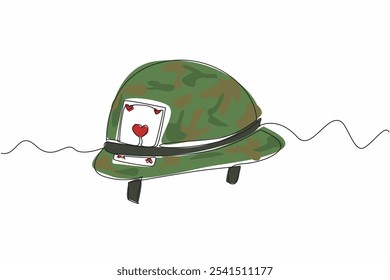 Single one line drawing army helmet with ace of hearts attached to the helmet. War soldiers who also need entertainment to play. Vietnam War Veterans Day. Continuous line design graphic illustration