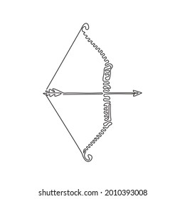 Dibujo de una sola línea Flecha y arco de tiro con arco indio. Guerrero nativo del arco largo o equipo de caza. Arma tribal de madera. Estilo de rizo giratorio. Ilustración gráfica de diseño de trazos de línea continua