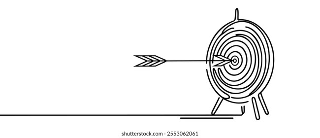 Single one line drawing arrow missed hitting target mark. Shot miss. Failed inaccurate attempts to hit archery target. Business challenge failure metaphor. Continuous line draw design graphic vector