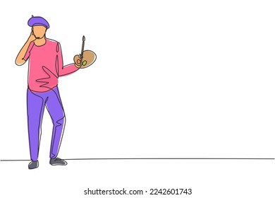 Single one line drawing artist painter stands with call me gesture using a hat and painting tools to produce artwork in workshop studio. Modern continuous line draw design graphic vector illustration