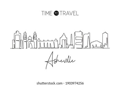 Single One Line Drawing Asheville City Skyline, North Carolina. World Historical Town Landscape. Best Holiday Destination Postcard. Trendy Continuous Line Draw Graphic Design Vector Illustration