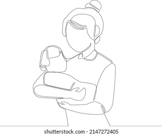 Single one line drawing Asian mother is holding her baby on her lap. Mother's day. Continuous line draw design graphic vector illustration.