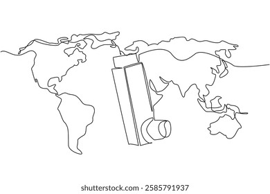Single one line drawing asthma inhaler with a world map on the back. Assistive technology for asthma sufferers that has gone global. World Asthma Day. Continuous line design graphic illustration