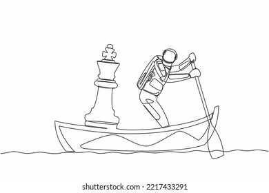 Single one line drawing astronaut sailing away on boat with chess king piece. Strategic move to plan space shuttle flight mission. Cosmic galaxy space. Continuous line draw design vector illustration svg