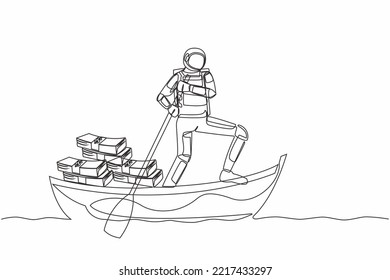 Single one line drawing astronaut sailing away on boat with pile of banknote. Financial crime or money laundering in space exploration. Cosmic galaxy space. Continuous line design vector illustration