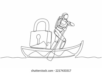 Single one line drawing astronaut sailing away on boat with padlock. Spaceship launch safety and protection. Cosmic galaxy space concept. Modern continuous line draw design graphic vector illustration