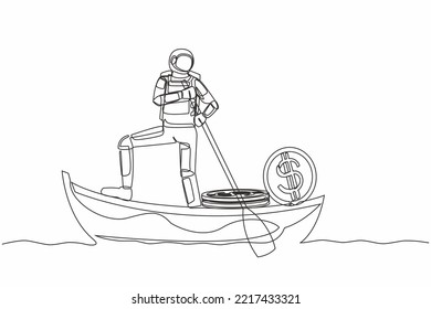 Single one line drawing of astronaut sailing away on boat with pile of dollar coins. Fundraising for spacecraft launch missions. Cosmic galaxy space concept. Continuous line design vector illustration