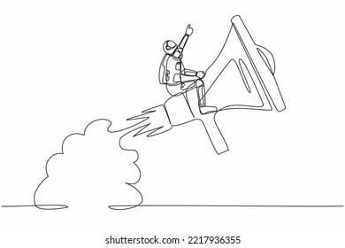 Single one line drawing astronaut riding megaphone rocket flying in moon surface. Communication skills in intergalactic roaming teams. Cosmic galaxy space. Continuous line design vector illustration