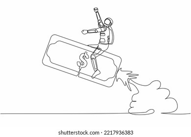 Single one line drawing of astronaut riding banknote money rocket flying in moon surface. Space company investment opportunity. Cosmic galaxy space concept. Continuous line design vector illustration