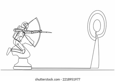 Single one line drawing astronaut holding arrow and aiming target while riding chess knight horse in moon surface. Cosmic galaxy space concept. Continuous line draw design graphic vector illustration