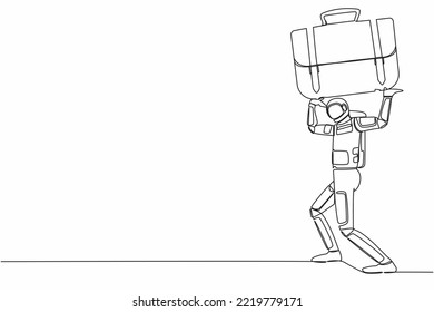 Single one line drawing astronaut carrying heavy briefcase on his back. Pressure from too much responsibility in space expedition. Cosmic galaxy space. Continuous line draw design vector illustration