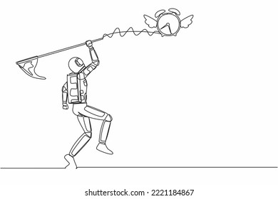 Single one line drawing astronaut try to catching flying alarm clock with butterfly net. Spaceship exploration with deadlines. Cosmic galaxy space. Continuous line graphic design vector illustration