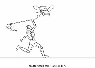 Single one line drawing astronaut try to catching flying money stacks with butterfly net. Budget spending for galactic expedition. Cosmic galaxy space. Continuous line draw design vector illustration