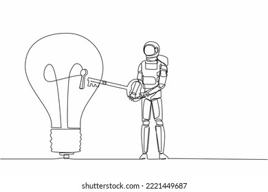 Single one line drawing astronaut put big key into light bulb. Unlock innovation on spaceship business idea. Future technology. Cosmic galaxy space. Continuous line graphic design vector illustration svg