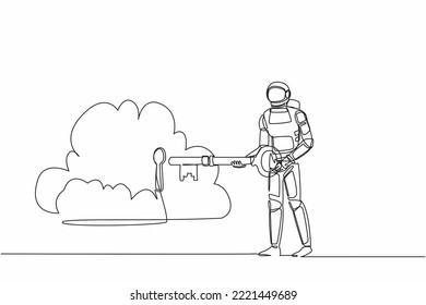 Single one line drawing astronaut putting big key into cloud. Safety storage in spaceship data, password lock security authentication. Cosmic galaxy space. Continuous line design vector illustration
