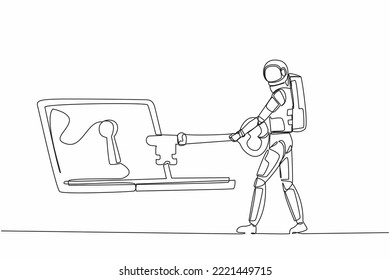 Single one line drawing astronaut putting key into laptop. Protection internet spaceship encryption, access to encrypted data. Cosmic galaxy space. Continuous line graphic design vector illustration