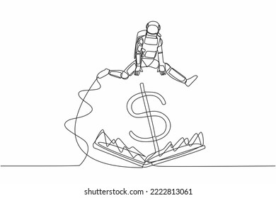 Single one line drawing astronaut jumping over money pitfall with big money dollar symbol. Financial trap in spaceship business. Cosmic galaxy space. Continuous line graphic design vector illustration