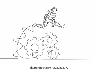 Single one line drawing astronaut jumping over big gears. Developing spaceship innovation. Operation expedition management. Cosmic galaxy space. Continuous line draw graphic design vector illustration