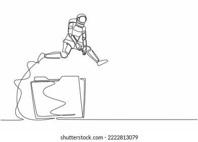 Single one line drawing astronaut jumping over folder icon. User data archive in space company. Office paper document. Cosmic galaxy space concept. Continuous line graphic design vector illustration