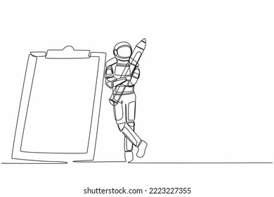 Single one line drawing astronaut holding big pencil and lean on clipboard in moon surface. Checklist space exploration document. Cosmic galaxy space. Continuous line draw design vector illustration