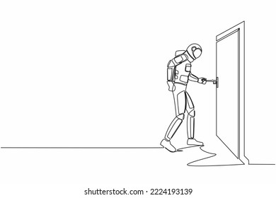Single one line drawing astronaut insert key into keyhole which is on the door. Spaceman open office room door in moon surface. Cosmic galaxy space. Continuous line graphic design vector illustration
