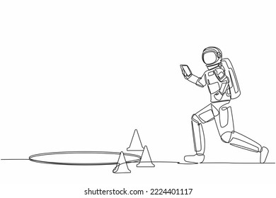 Single one line drawing astronaut listen music with headphone, watching by smartphone screen and did not see open manhole. Cosmic galaxy space. Continuous line draw graphic design vector illustration