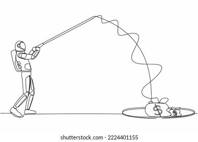 Single one line drawing astronaut holding fishing rod got big money bag from hole. Spaceman catching money bag with fishing rod. Cosmic galaxy space. Continuous line graphic design vector illustration