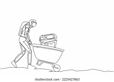 Single one line drawing astronaut pushing cart with treasure chest in moon surface. Wheelbarrow with golds, jewelry, treasures. Cosmic galaxy space. Continuous line graphic design vector illustration
