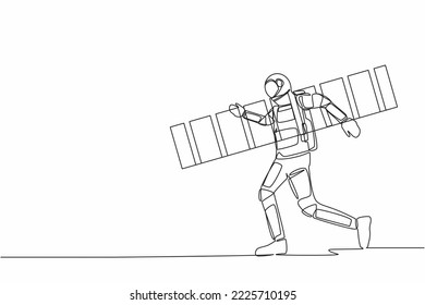 Single one line drawing astronaut repairman walking with ladder. Renovation home. Preparation house reparation in moon surface. Cosmic galaxy space. Continuous line graphic design vector illustration