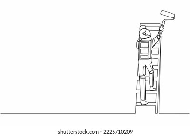 Single one line drawing astronaut painter standing on ladder and paints wall in future home. Ability to repair operating system. Cosmic galaxy space. Continuous line graphic design vector illustration