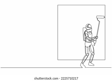 Single one line drawing astronaut painter decorator at work. Future house decoration. Preparation home reparation on moon surface. Cosmic galaxy space. Continuous line draw design vector illustration