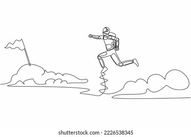 Single one line drawing astronaut jump over clouds to reach success, target, flag. Taking risk spaceship business project. Cosmic galaxy space. Continuous line draw graphic design vector illustration