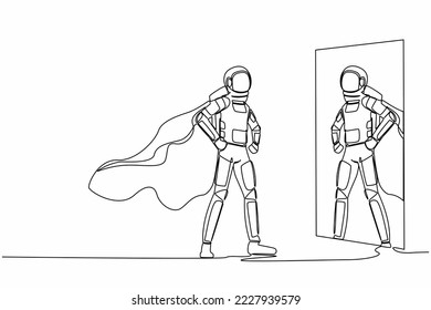 Single one line drawing astronaut looking at reflection in mirror and seeing super hero standing. Ambition in galactic journey. Cosmic galaxy space. Continuous line graphic design vector illustration