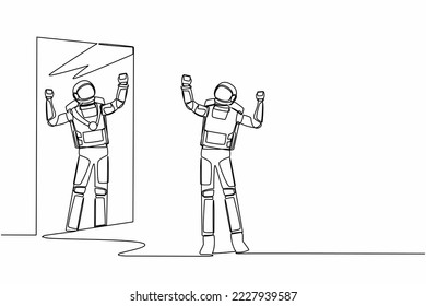 Single one line drawing astronaut looking at mirror and seeing in reflection of himself with gold medal. Winning space competition. Cosmic galaxy space. Continuous line draw design vector illustration