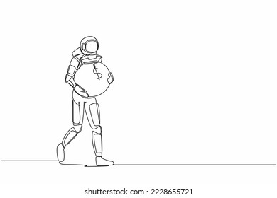 Single one line drawing of astronaut walking and carrying heavy money bag. Funding for future space technology development. Cosmic galaxy space. Continuous line draw graphic design vector illustration