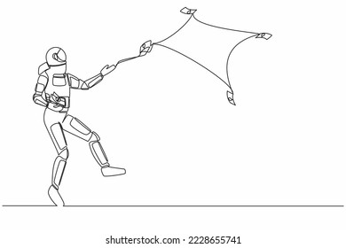Single one line drawing astronaut throw out of money banknotes flying into the air. Waste in realization of space expedition projects. Cosmic galaxy space. Continuous line design vector illustration