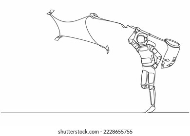 Single one line drawing astronaut trying to catch flying banknote money with net. Collecting spaceship funding from many company. Cosmic galaxy space. Continuous line draw design vector illustration