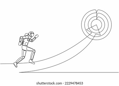 Single one line drawing astronaut running on arrow to center of target. Spaceship company with space expedition vision mission. Cosmic galaxy space. Continuous line graphic design vector illustration