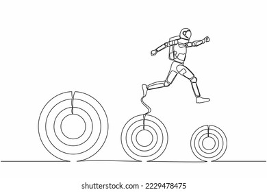 Single one line drawing astronaut jumping up higher target goals. Spaceship expedition next galactic journey. Future technology. Cosmic galaxy space. Continuous line graphic design vector illustration