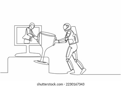 Single one line drawing of astronaut get trophy from person on monitor screen. Award in interstellar expedition online competition. Cosmic galaxy space. Continuous line draw design vector illustration